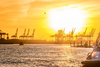 Photo: commercial port Hamburg at sunrise