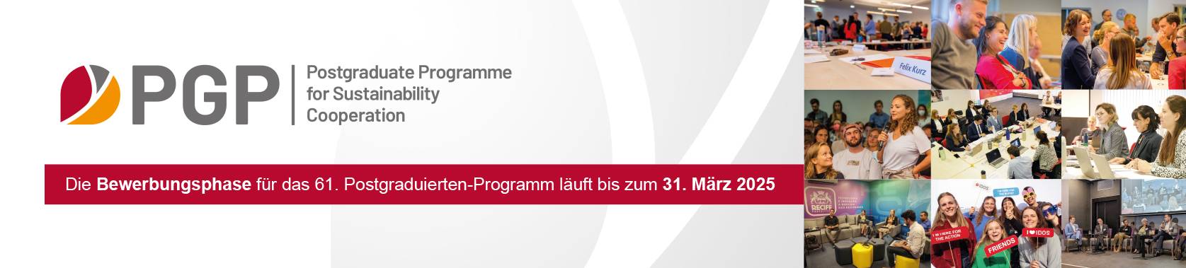 Header des Postgraduate Programme for Sustainability Cooperation (PGP), Die Bewerbungsphase für das 61 Postgraduierten-Programm läuft bis zum 31032025